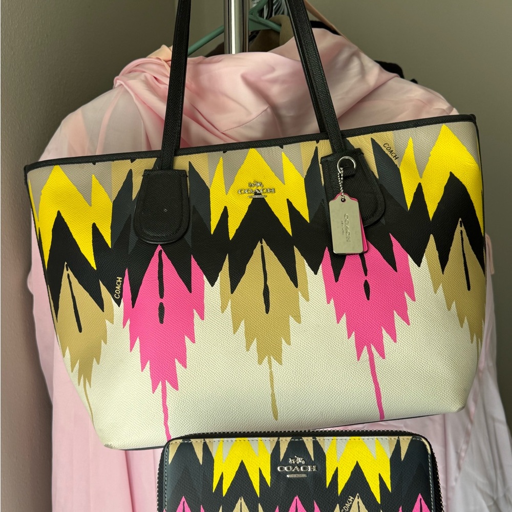 Coach Women's Pink, Yellow, and Black Tote Bag